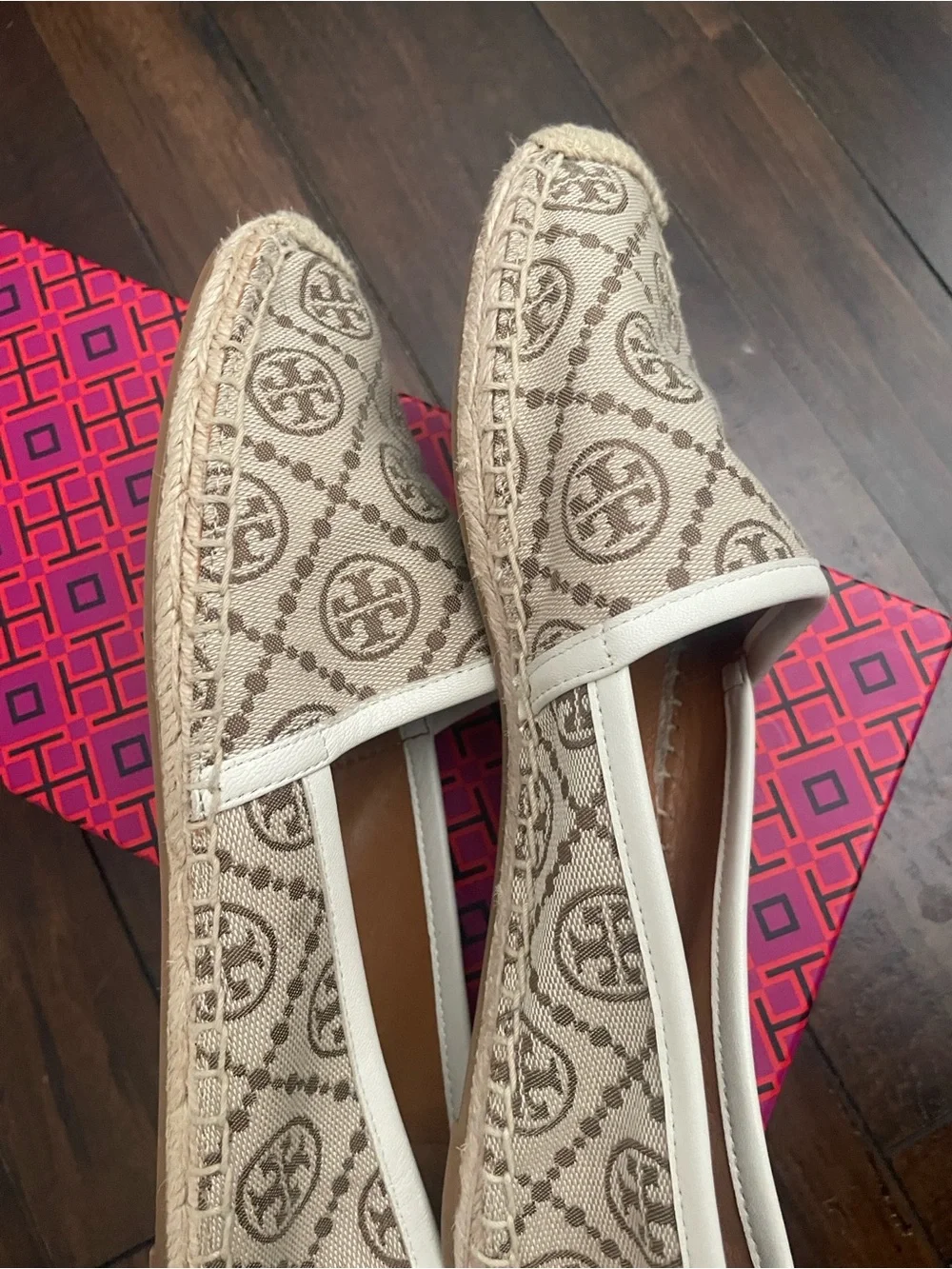 Tory Burch Tan and Beige T Monogram Flat Espadrilles